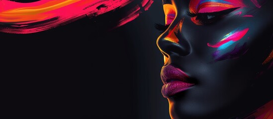 Abstract portrait of a beautiful black woman with neon disco make up. AI generated image. - obrazy, fototapety, plakaty