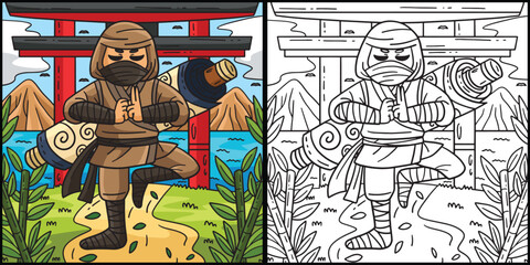 Ninja with a Scroll on Back Coloring Illustration
