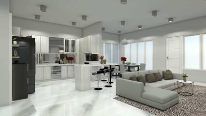 Modern and Luxury Interior House with Living, Kitchen and Dining Room