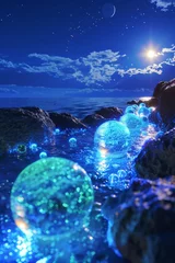 Fotobehang Light blue beach covered with colored glowing glass, fluorescent ocean, moonlight, sparkling stars © Denis