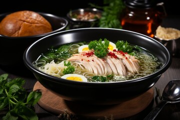 Close-up of steaming chicken soup in white bowl on dark background, comforting home-cooked meal