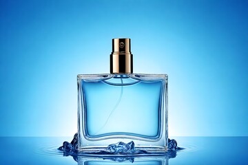 A blue bottle of perfume on a soft blue background stands on the surface of the water. Layout of the exhibition of cosmetics, makeup, perfumes and skin care concepts, health and beauty.