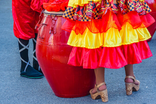 Candombe comparsa detail shot, calls parade, montevideo, uruguay