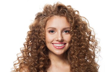 Fototapeta premium Closeup portrait of young healthy lady portrait. Perfect woman with long frizzy hairstyle