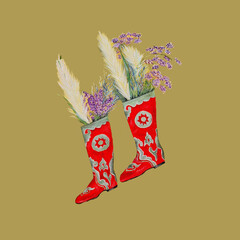 national Tatar red boots with a green folk pattern,an ornament without seams with the inscription of a national song with field fragrant spring flowers of purple and lilac color
