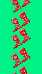 national Tatar red boots with a green folk pattern,an ornament without seams with the inscription of a national song with field fragrant spring flowers of purple and lilac color