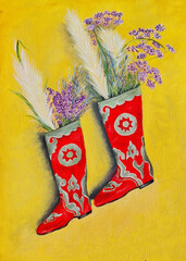 national Tatar red boots with a green folk pattern,an ornament without seams with the inscription of a national song with field fragrant spring flowers of purple and lilac color