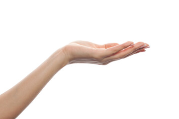 Empty open female palm hand isolated on white background. Advertising marketing or product...