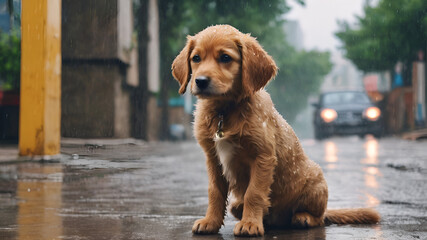Cute little puppy sitting on the wet floor in the rain Stray homeless dog Sad 
 - obrazy, fototapety, plakaty