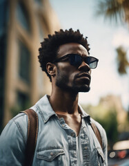 portrait of afro american adult with black sunglasses, glasses advertising shoot, copy space for tex 

