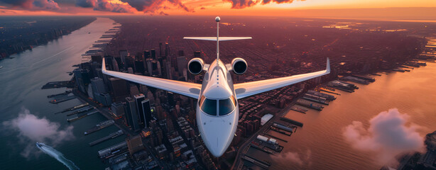 Private white luxury jet flying at sunset.