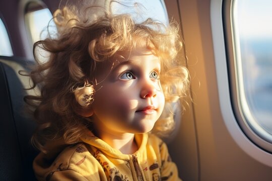 Adorable girl traveling by airplane, looking out window. Kids family vacation abroad.