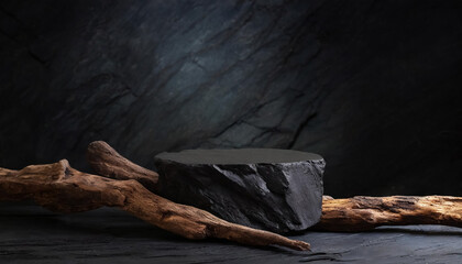 A black rock podium with a rustic driftwood, on a dark rock texture background. ideal for product display.