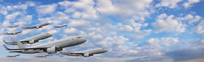 Plane on blue sky with white cloud background. Flight, fly and aircraft concept.