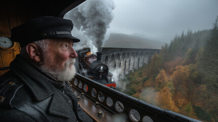 Fototapeta premium Train pulled by a steam locomotive travels over the bridge.