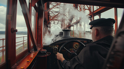 Train pulled by a steam locomotive travels over the bridge.