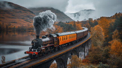 Obraz premium Train pulled by a steam locomotive travels over the bridge.