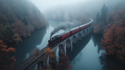 Train pulled by a steam locomotive travels over the bridge. - obrazy, fototapety, plakaty