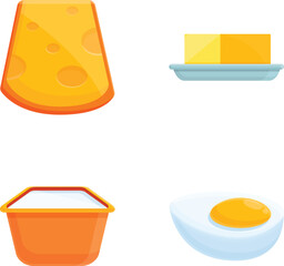 Protein product icons set cartoon vector. Milk, cheese, butter and egg. Farm organic food