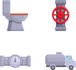 Sanitary service icons set cartoon vector. Plumbing equipment and vehicle. Repair and renovation