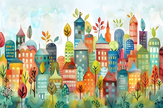 Whimsical cityscape sprouting from creative childrens illustrations against a seamless backdrop. Concept Cityscape Illustrations, Whimsical Theme, Creative Children, Seamless Backdrop, Vibrant Colors