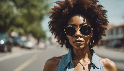 portrait of afro american women with black sunglasses, glasses advertising shoot, copy space for text
