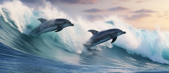 dolphins jumping in the waves in the late afternoon