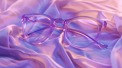 Translucent lavender purple ladies' glasses, ultra-modern, on a pastel-colored, textured cloth with soft backlighting. 32K, ultra high details.