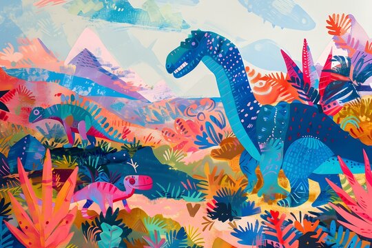 Vibrant Outdoor Scene: Kids' Artwork with Dinosaurs. Concept Dinosaur Theme, Kids' Artwork, Vibrant Colors, Outdoor Scene, Playful Portraits