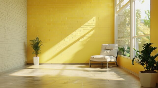 Photo of a large room with a light yellow wall and occasional translucent white bricks. Lots of natural light. Show corner with two walls. A modern armchair in the right corner, Vertical light brown w