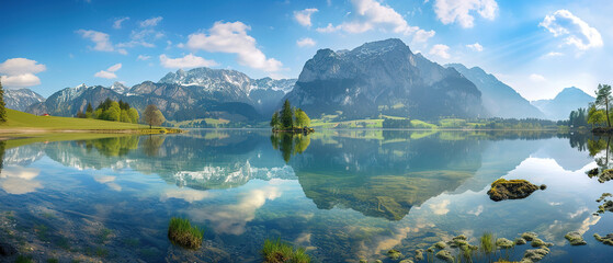 Beautiful spring scene of a lake. Colorful morning view of mountains in Europe 