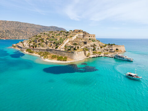 Top view of Spinalonga island with calm sea. Here were lepers humans with the Hansen's disease, gulf of Elounda, Crete, Greece.