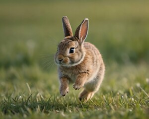 Naklejka na ściany i meble Photo Of A Baby Rabbit Hopping Across A Meadow, Its Nose Twitching And Its Ears Perked Up.