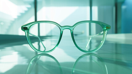 Translucent mint green ladies' glasses, ultra-modern and thin, set against a backdrop of a minimalist, sunlit room. Ultra high details, 4K.