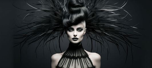 Dramatic black and white fashion portrait with exotic hairstyle - obrazy, fototapety, plakaty