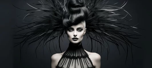 Schilderijen op glas Dramatic black and white fashion portrait with exotic hairstyle © thodonal