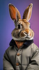 Obraz na płótnie Canvas Photo Of Elegant Adult Rabbit Wearing A, Mal Jacket On A Color Background.
