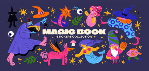 Obraz premium Cartoon set of stickers mystical characters, sorcerers, spirits, of magic and witchcraft. 90s retro wild magic design.Skull,cards,fairy tale, stars, witchcraft, enchantment. Halloween set 