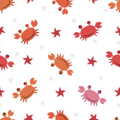 Seamless pattern with cute cartoon crabs and starfishes