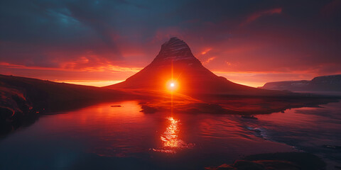 A mountain is reflected in a lake with a sunset in the beautiful blurred background.
