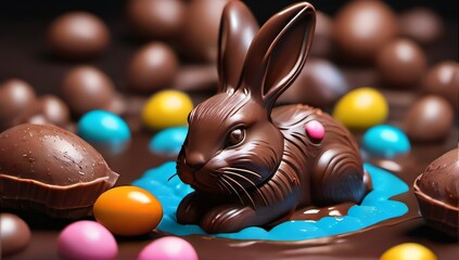Obraz na płótnie Canvas Photo Of Ultradetailed 3D Chocolate Easter Bunny Swimming In A Pool Of Chocolate And Candies.