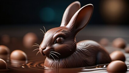 Photo Of Ultrarealistic 3D Chocolate Easter Bunny Swimming In A Pool Of Chocolate. - obrazy, fototapety, plakaty