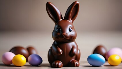 Fototapeta na wymiar Photo Of Cute Easter Bunny Made Of Chocolate With Chocolate Eggs.