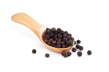 Wooden spoon with black pepper and peppercorns isolated on a white background