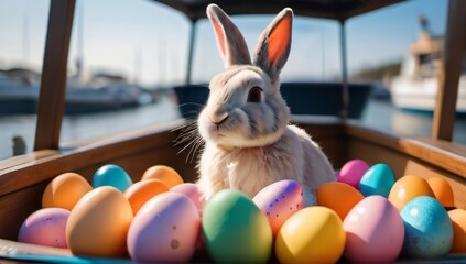 Photo Of An Easter Bunny Surrounded By Easter Eggs On A Boat. - obrazy, fototapety, plakaty