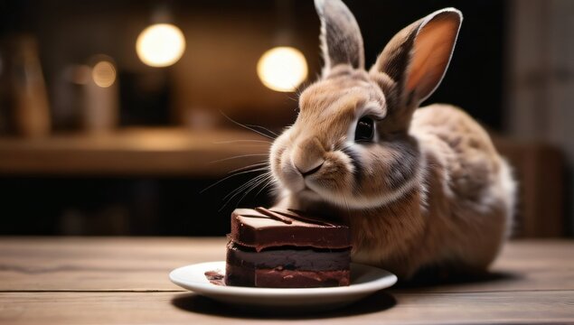 Photo Of Cute Rabbit Sitting On Wooden Table, Eating Chocolate Dessert.