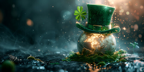 Saint Patrick green hat with green leaves and clovers with scattering representing fortune luck - obrazy, fototapety, plakaty