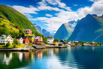 Serene Vista of a Nordic Fjord Village Surrounded by Majestic Green Mountains and Tranquil Blue Waters