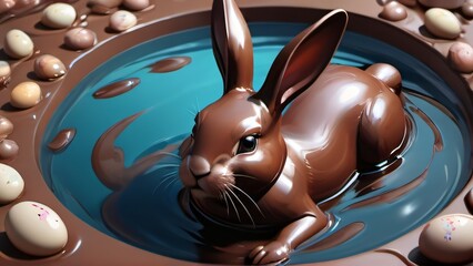 Photo Of Chocolatecovered Easter Bunny Swimming In A Pool Of Chocolate.