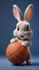 Photo Of A Cute 3D Rabbit Playing Basketball On A Solid Color Background |. - obrazy, fototapety, plakaty